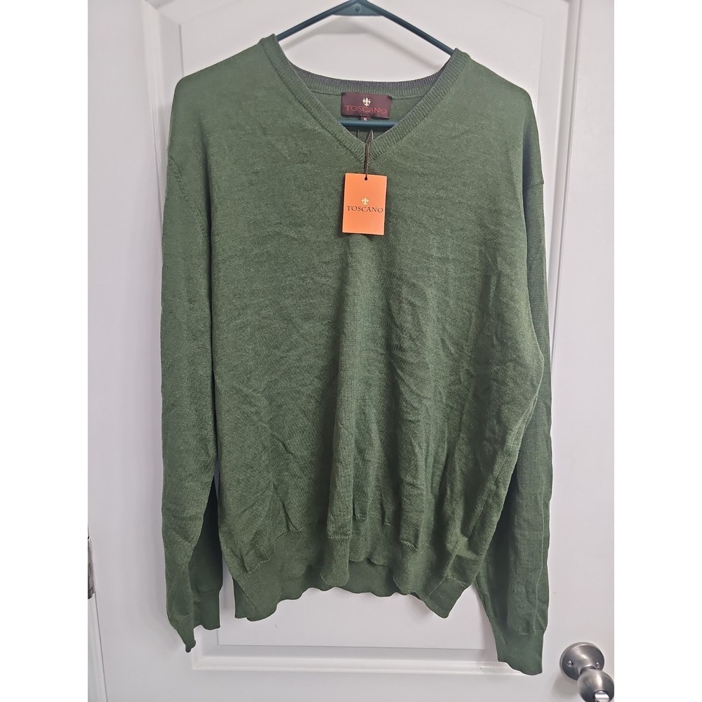 Toscano Mens Extra Fine Merino Wool V-Neck Sweater XL Green Pullover